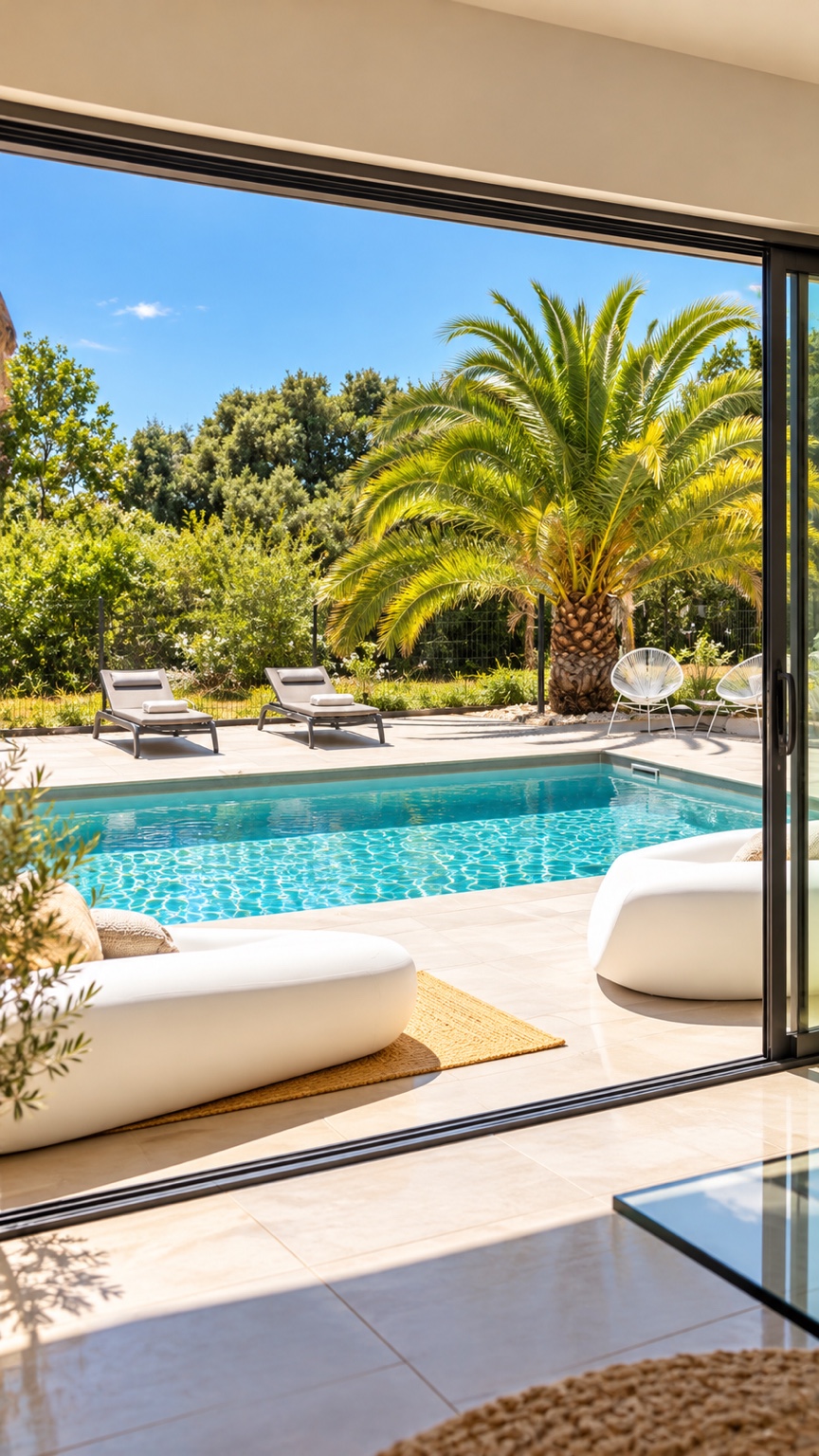 Piscine turquoise, palmiers et terrasse de villa ensoleillée