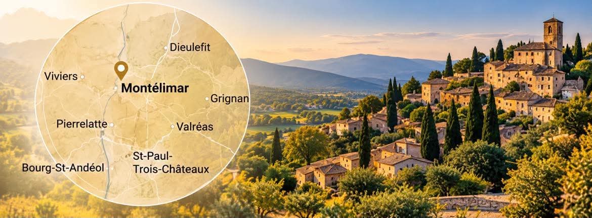 Zone d’intervention OnCareMore : Montélimar, Viviers, Dieulefit, Grignan, Valréas, Pierrelatte, Saint-Paul-Trois-Châteaux et Bourg-Saint-Andéol, avec paysage provençal